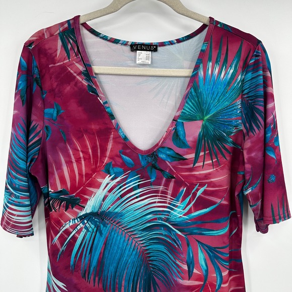 Venus Tropical Palm Leaf Print VNeck Bodycon Mini Dress Purple Blue Large Resort - Picture 2 of 10